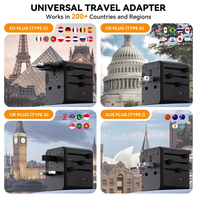 Alt view image 5 of 7 - Universal Travel Adapter, 45W PD Fast Charging Travel Plug Adapter | 3 USBC, 2 USBA, 3 AC Outlets, Compact GaN Design, DualFuse, FireResistant, Safety Shutters, Black