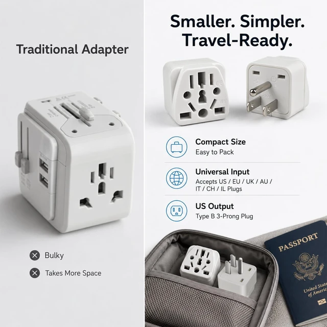Alt view image 4 of 7 - European to US Plug Adapter, 2 Pack UK AU to USA Type B Grounded Adapter | 3 Prong World to USA Travel Adapter for European, British, Australian and Chinese Plug, white