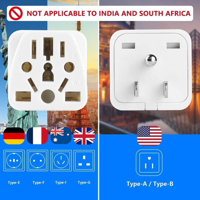 Alt view image 7 of 7 - European to US Plug Adapter, 2 Pack UK AU to USA Type B Grounded Adapter | 3 Prong World to USA Travel Adapter for European, British, Australian and Chinese Plug, white