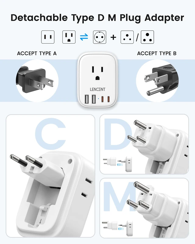 Alt view image 2 of 7 - Type C and Type D M Universal Travel Adapter Kit | with 4 Outlets 4 USB Ports(2 USB C), International Power Adapter Plug for Namibia India South Africa Europe Italy Spain Nepal