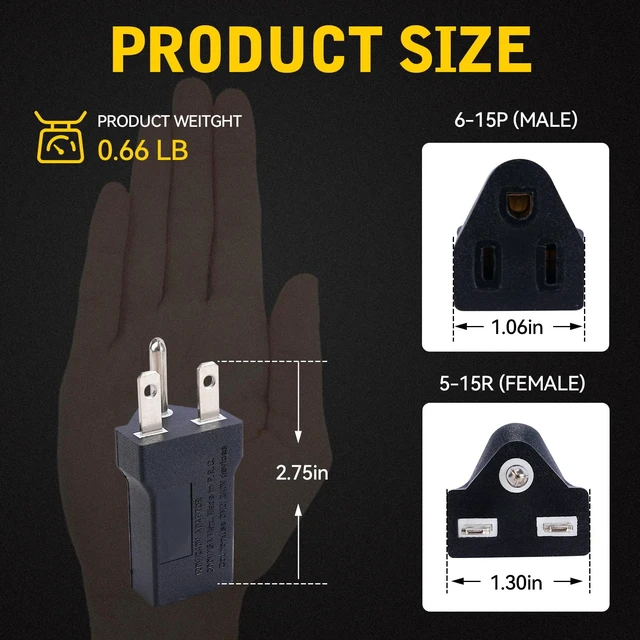 Alt view image 2 of 6 - 6-15P to 5-15R US Plug Adapter ,Electrical Converter,3Prong ,110V / 120V to 220V / 240V,15A,Black,1PK