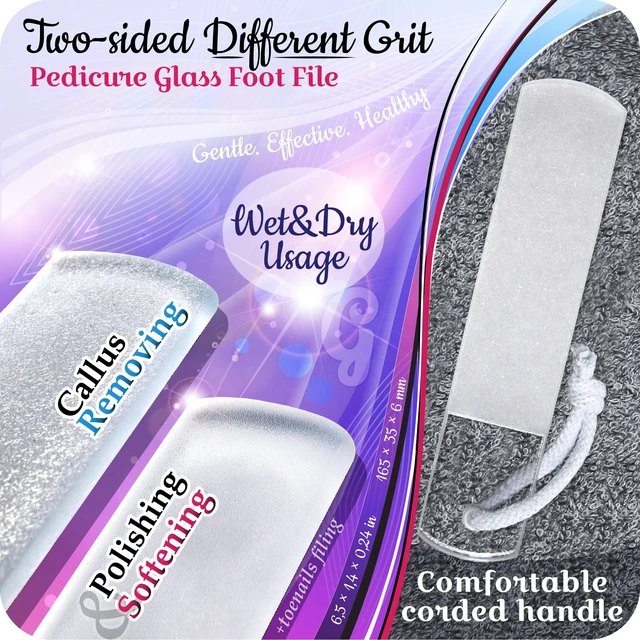 Alt view image 2 of 7 - Czech Glass Foot File - Two-Sided Different Grit Surface, Gentle Callus Remover, Pedicure & Spa Rough Skin Scrubber, Professional Toenail and Heels Care, EU Quality, Large Size