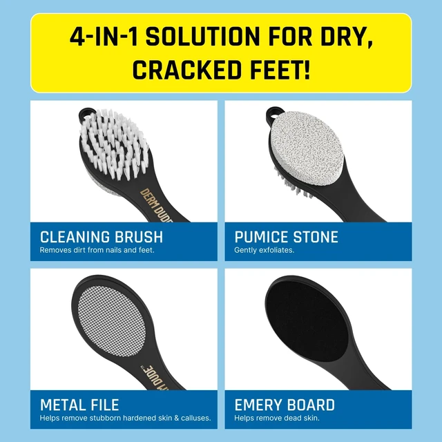 Alt view image 4 of 7 - 4-in-1 Foot Scrubber & Heel Repair Tool | Foot File Callus Remover for Feet | Pedicure Tool with Metal File, Pumice Stone, Emery Board & Cleaning Brush to Soften & Smooth Rough, Dry Feet