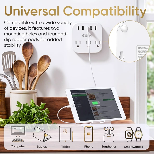 Alt view image 7 of 7 - Cruise Approved Power Strip, Non Surge, US to Europe Plug Adapter | USB-C Cord, 4 USB Ports, 3 AC Outlets, 5ft Extension, Wall Mountable European Travel Adaptor for Ship Cabin, Home