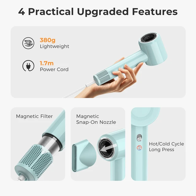 Alt view image 7 of 7 - Hair Dryer, High Speed lonic Blow Dryer, Blue | 1600W, 110000 RPM, 200M Ions, 4 Modes & 2 Speeds, Low Noise, Anti-Fizz, Heat Protection, Lightweight, Women/Travel/Home/Salon