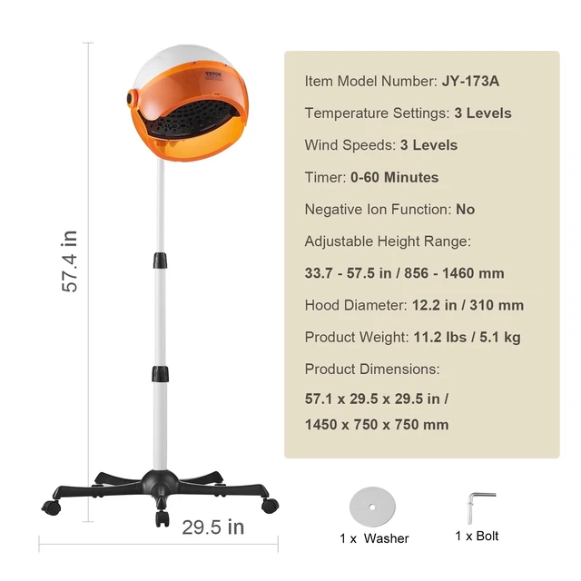 Alt view image 7 of 7 - 1875W Hooded Bonnet Dryer with Variable Speed, Temperature, Timer, and Wheels for Beauty Salon and Home Spa