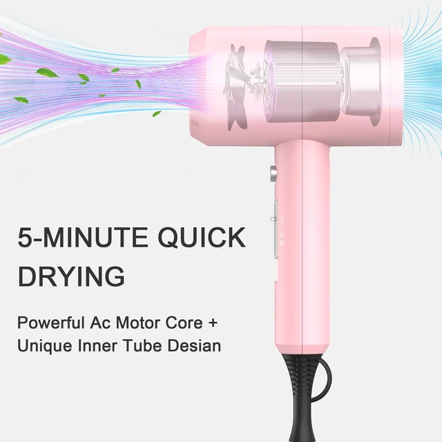 Alt view image 2 of 6 - Professional Ionic Hair Dryer, Powerful 1800W Fast Drying Low Noise Blow Dryer with 2 Concentrator Nozzle 1 Diffuser Attachments for Home Salon Travel (Pink)