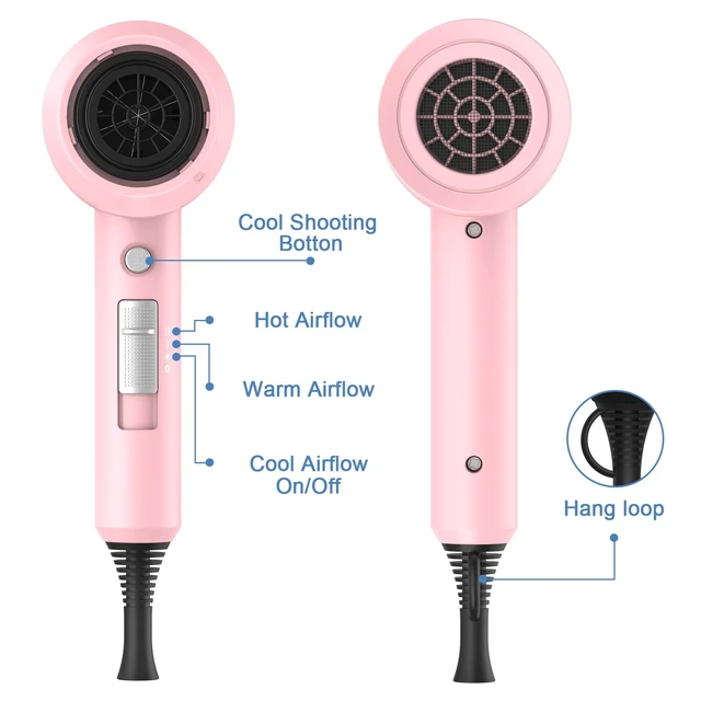Alt view image 4 of 6 - Professional Ionic Hair Dryer, Powerful 1800W Fast Drying Low Noise Blow Dryer with 2 Concentrator Nozzle 1 Diffuser Attachments for Home Salon Travel (Pink)
