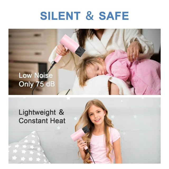Alt view image 6 of 6 - Professional Ionic Hair Dryer, Powerful 1800W Fast Drying Low Noise Blow Dryer with 2 Concentrator Nozzle 1 Diffuser Attachments for Home Salon Travel (Pink)