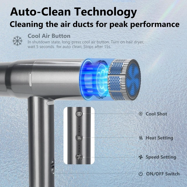 Alt view image 7 of 7 - Hair Dryer with Diffuser,1875W Professional Ionic Blow Dryer, 110, 000 RPM High-Speed Brushless Motor, Auto-Clean, 3 Heat Settings & 3 Speed & Cool Shot Button Settings for Easy Home/Travel