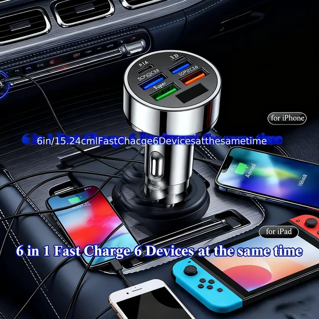 Alt view image 2 of 7 - 6-in-1 Ultra Fast Charging in-Car Device with Digital Display, QC3.0+2PD Fast Charge Plug & Play for iPhone/Samsung/Tablet (High-Power, Battery-Free)