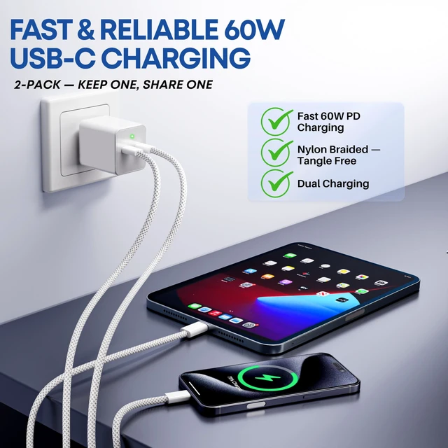 Alt view image 6 of 7 - USB-C to USB-C Cable 2-Pack, 60W Fast Charging, Premium Nylon Braided, USB-C Power Delivery, Data Sync for iPhone 15/16/17, Android, Samsung, iPad, MacBook (2pack-3ft)