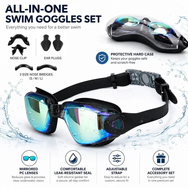 Alt view image 2 of 7 - Swimming Goggles, Anti-Fog & UV Protection Swimming Goggles No Leaking for Adult Men Women Youth, Leak-Proof Silicone Comfort Fit, Clear Vision