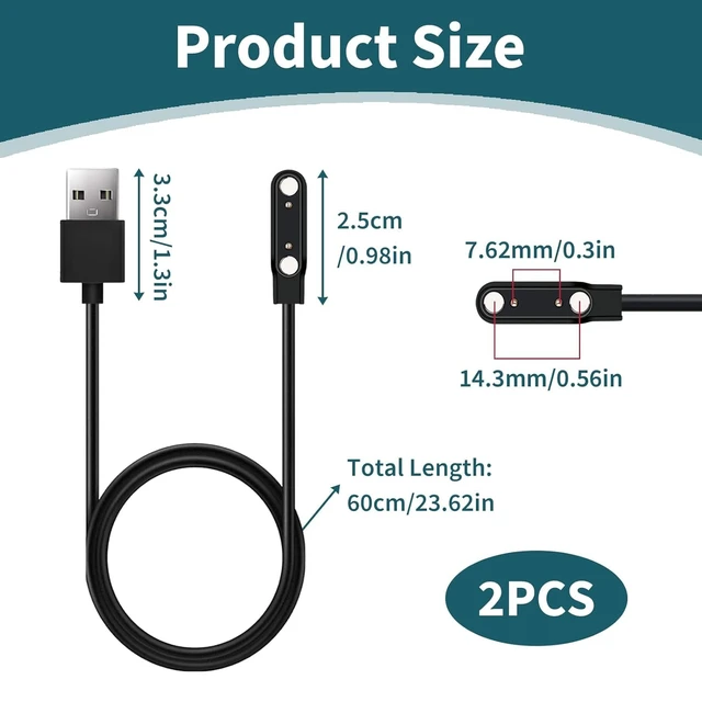 Alt view image 2 of 6 - 2 Pack Smart Watch Magnetic Charger Cable, 2 Pin 7.62mm USB Replacement Charging Cord Compatible with Smartwatch Fitness Tracker Smart Glasses Bone Conduction Headphones Wearable Devices