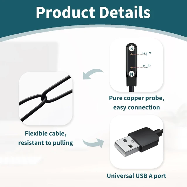 Alt view image 3 of 6 - 2 Pack Smart Watch Magnetic Charger Cable, 2 Pin 7.62mm USB Replacement Charging Cord Compatible with Smartwatch Fitness Tracker Smart Glasses Bone Conduction Headphones Wearable Devices