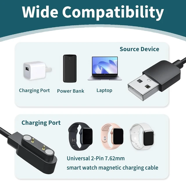 Alt view image 6 of 6 - 2 Pack Smart Watch Magnetic Charger Cable, 2 Pin 7.62mm USB Replacement Charging Cord Compatible with Smartwatch Fitness Tracker Smart Glasses Bone Conduction Headphones Wearable Devices