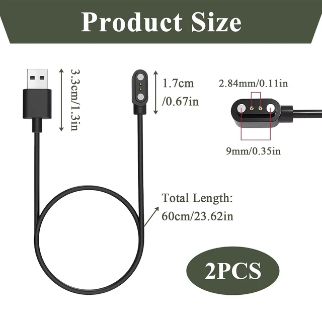 Alt view image 2 of 6 - 2-Pack Magnetic Smartwatch Charger for BIGGERFIVE Brave 2 BW01 BW02, Replacement USB Power Cord for Kids Fitness Tracker, 2-Pin Magnetic Suction Charging Cable Accessory, 2ft/60cm (NOT for Vigor 2L)