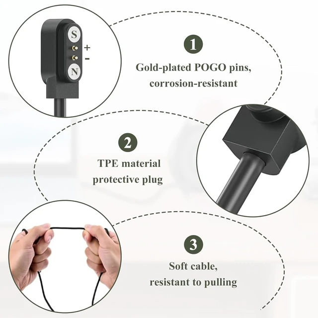 Alt view image 3 of 6 - 2-Pack Magnetic Smartwatch Charger for BIGGERFIVE Brave 2 BW01 BW02, Replacement USB Power Cord for Kids Fitness Tracker, 2-Pin Magnetic Suction Charging Cable Accessory, 2ft/60cm (NOT for Vigor 2L)