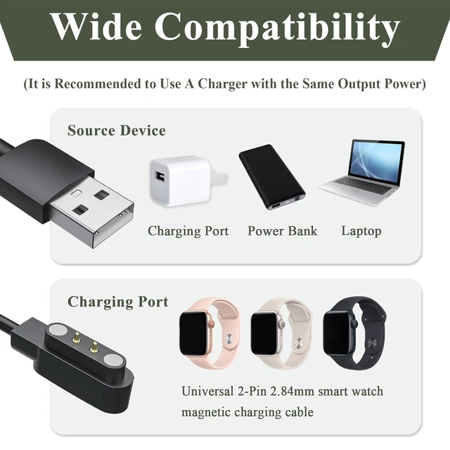 Alt view image 4 of 6 - 2-Pack Magnetic Smartwatch Charger for BIGGERFIVE Brave 2 BW01 BW02, Replacement USB Power Cord for Kids Fitness Tracker, 2-Pin Magnetic Suction Charging Cable Accessory, 2ft/60cm (NOT for Vigor 2L)