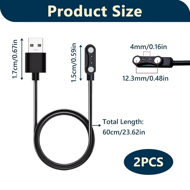 Alt view image 2 of 6 - 2-Pack Smart Watch Charger for GloryFit T80 T70 T60 T50 P99 P98 - 2 Pin Spacing Magnetic USB Charging Cable - Replacement Power Cord for P45 P32 P36 & More - Smartwatch Charging Cable Accessories, 2FT