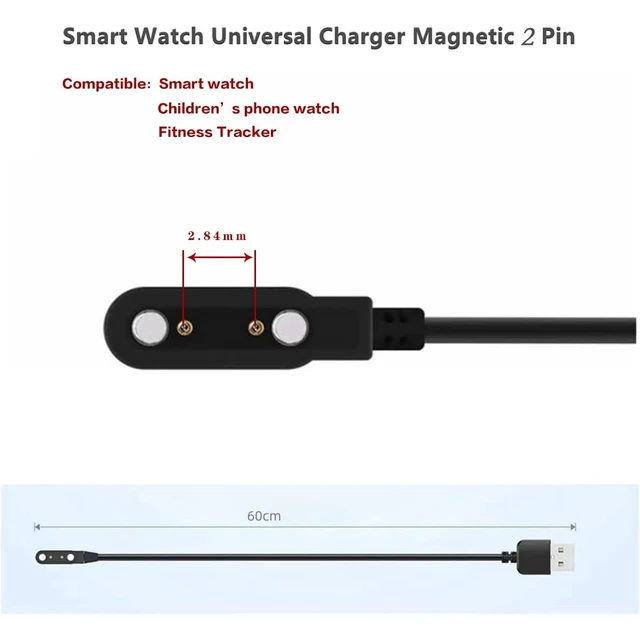 Alt view image 3 of 6 - Universal Magnetic Smartwatch Charger Cable, 2 Pin 2.84mm Pin Spacing Replacement Charging Cord Compatible with Most Fitness Trackers & Wearable Devices, Portable USB Charging Dock Cable