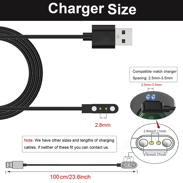Alt view image 3 of 7 - Smart Watch Charger for VeryFit IDW28 IDW26 IDW25 IDW23 IDW21 IDW20 IDW19 IDW17 IDW16 IDW15 IDW13 IDW208 Plus Smart Watch, 2PIN/2Pack Magnetic Charger USB Replacement Charging Cable 3.3FT