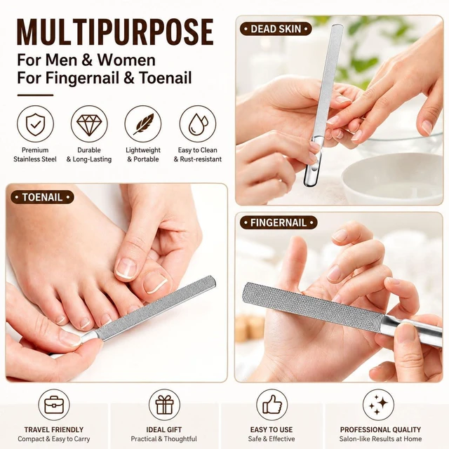 Alt view image 5 of 7 - Professional Stainless Steel Nail Files Double Sided for Women and Men, Heavy Duty Reusable Manicure Filer for Natural Nails, Great for Home Salon or Travel Use