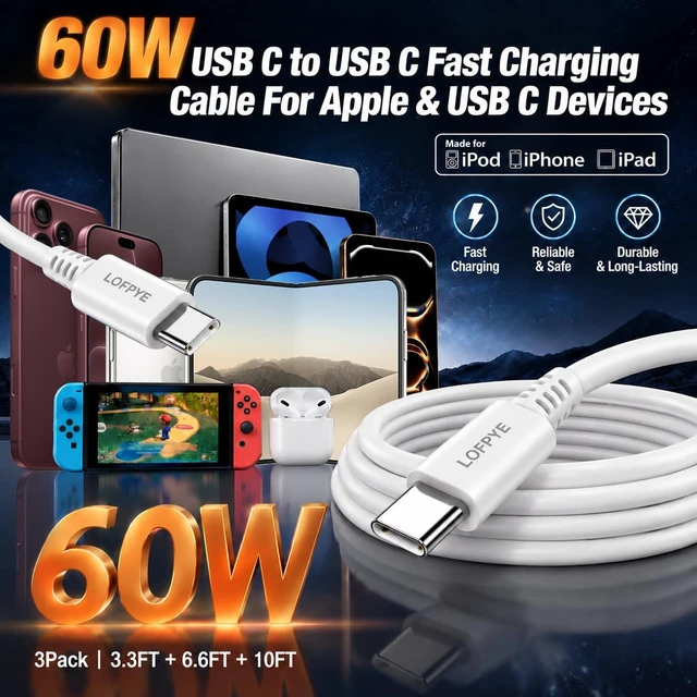 Alt view image 3 of 7 - 3-Pack 60W USB C to USB C Cable 3.3FT+6.6FT+10FT for iPhone 18/17/16 | 60W PD Type-C fast charging cables for iPhone 18/17/16/15 Pro/Plus/Pro Max/Air, Galaxy S26, iPad Pro/Air & MacBook and More