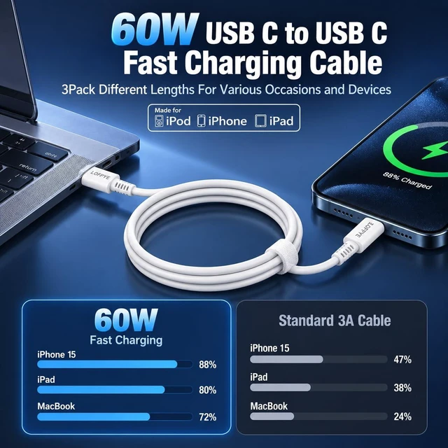Alt view image 4 of 7 - 3-Pack 60W USB C to USB C Cable 3.3FT+6.6FT+10FT for iPhone 18/17/16 | 60W PD Type-C fast charging cables for iPhone 18/17/16/15 Pro/Plus/Pro Max/Air, Galaxy S26, iPad Pro/Air & MacBook and More