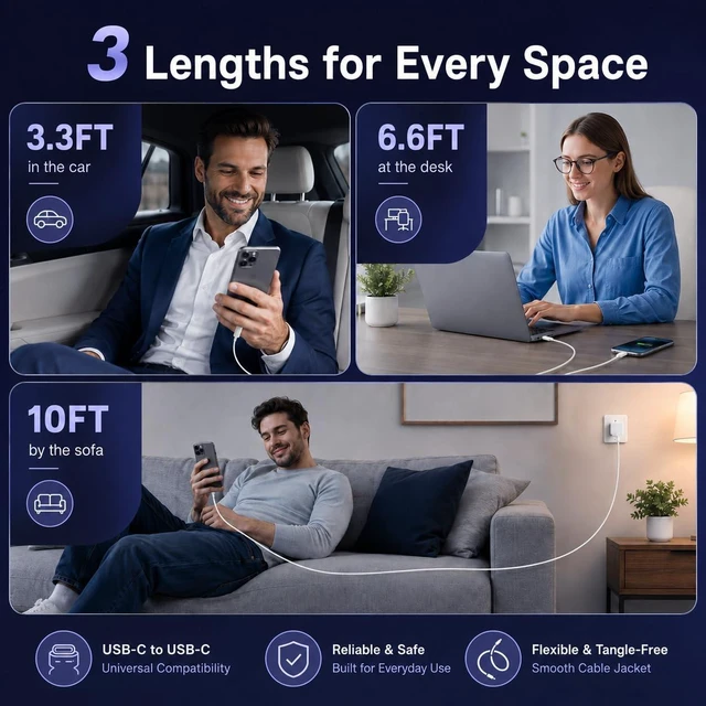Alt view image 5 of 7 - 3-Pack 60W USB C to USB C Cable 3.3FT+6.6FT+10FT for iPhone 18/17/16 | 60W PD Type-C fast charging cables for iPhone 18/17/16/15 Pro/Plus/Pro Max/Air, Galaxy S26, iPad Pro/Air & MacBook and More