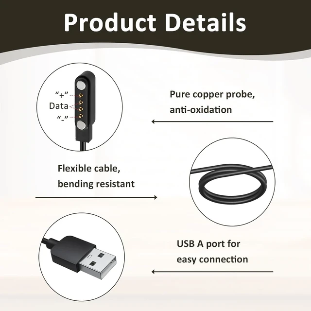Alt view image 3 of 6 - 2-Pack Universal Magnetic Charger Cable for Smart Watch, 4-Pin 7.62mm Pin-Pitch Fast Charging Replacement Cord for Smartwatch, Fitness Tracker, Bone Conduction Headphones, Smart Glasses Accessories