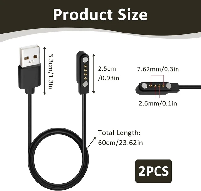 Alt view image 2 of 6 - 2-Pack Universal Magnetic Charger Cable for Smart Watch, 4-Pin 7.62mm Pin-Pitch Fast Charging Replacement Cord for Smartwatch, Fitness Tracker, Bone Conduction Headphones, Smart Glasses Accessories