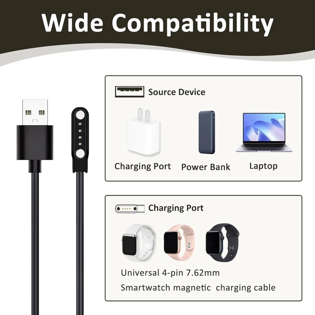Alt view image 5 of 6 - 2-Pack Universal Magnetic Charger Cable for Smart Watch, 4-Pin 7.62mm Pin-Pitch Fast Charging Replacement Cord for Smartwatch, Fitness Tracker, Bone Conduction Headphones, Smart Glasses Accessories