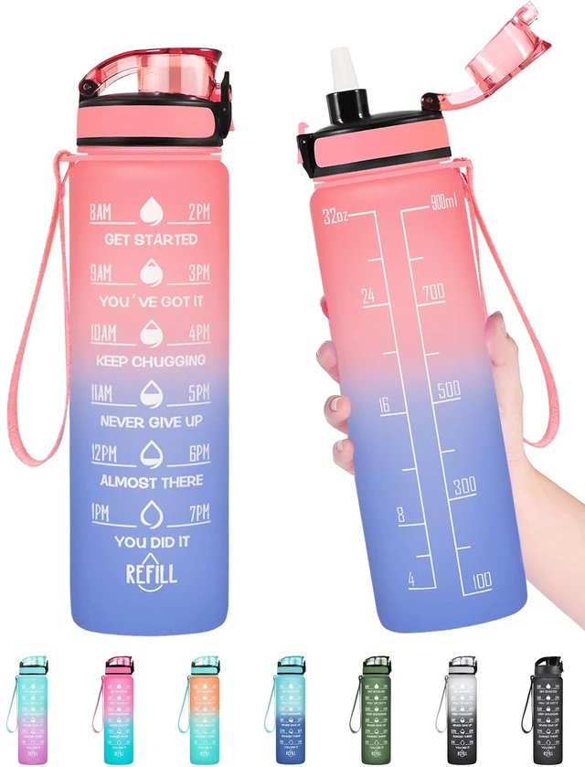 Main image of 32 oz Water Bottle, Leakproof BPA & Toxic Free, Motivational Water Bottle with Times to Drink and Straw, Fitness Sports Water Bottle with Strap for Office, Gym, Outdoor Sports, Pink-Blue