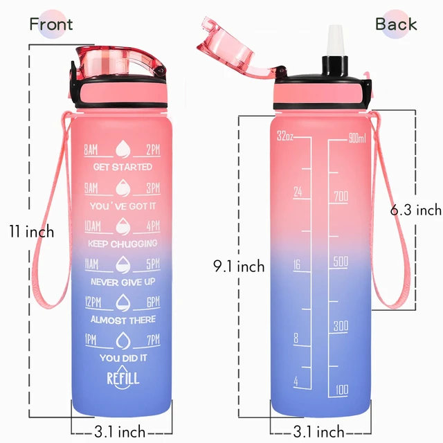 Alt view image 3 of 7 - 32 oz Water Bottle, Leakproof BPA & Toxic Free, Motivational Water Bottle with Times to Drink and Straw, Fitness Sports Water Bottle with Strap for Office, Gym, Outdoor Sports, Pink-Blue