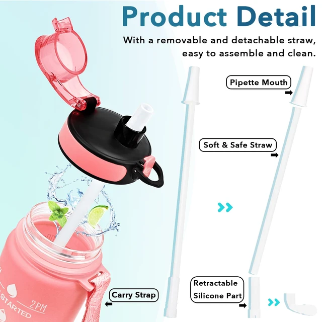 Alt view image 5 of 7 - 32 oz Water Bottle, Leakproof BPA & Toxic Free, Motivational Water Bottle with Times to Drink and Straw, Fitness Sports Water Bottle with Strap for Office, Gym, Outdoor Sports, Pink-Blue