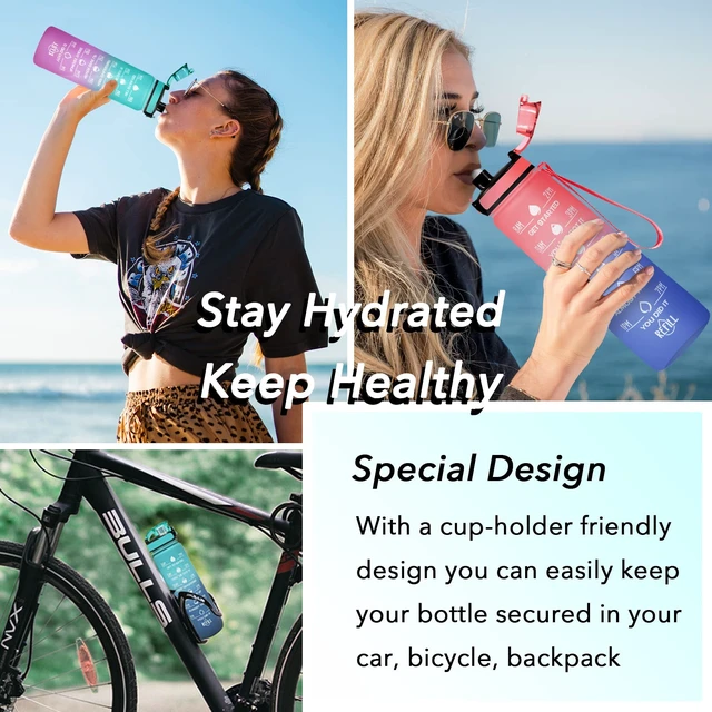 Alt view image 7 of 7 - 32 oz Water Bottle, Leakproof BPA & Toxic Free, Motivational Water Bottle with Times to Drink and Straw, Fitness Sports Water Bottle with Strap for Office, Gym, Outdoor Sports, Pink-Blue