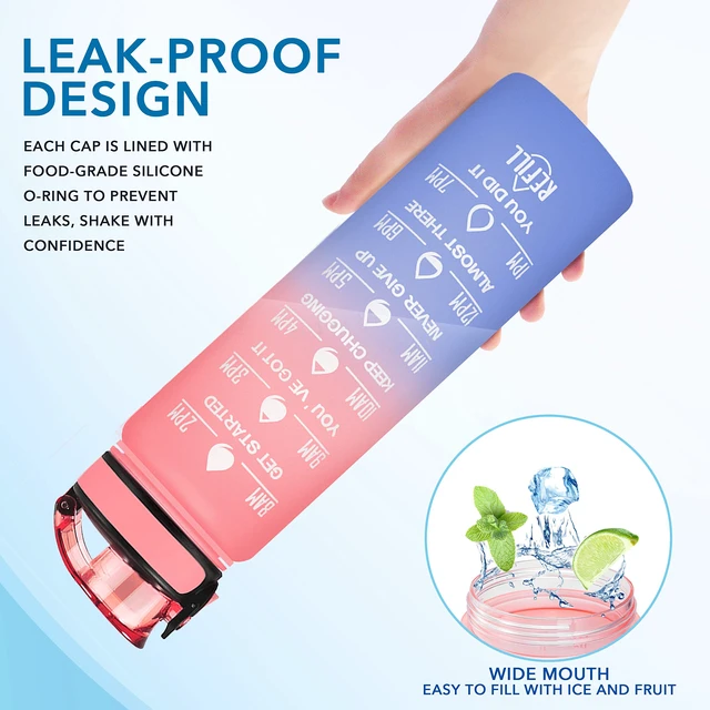 Alt view image 6 of 7 - 32 oz Water Bottle, Leakproof BPA & Toxic Free, Motivational Water Bottle with Times to Drink and Straw, Fitness Sports Water Bottle with Strap for Office, Gym, Outdoor Sports, Pink-Blue