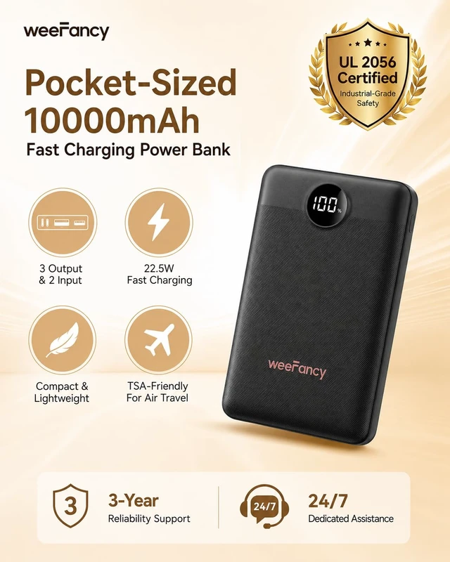 Alt view image 2 of 7 - Small Portable Charger 10000mAh 20W Fast Charging Mini Power Bank, Black | with Clearly LED Display, USB-C Battery Pack, Compact Travel Charger for iPhone 18/17/16/15/14, Android, Travel Essentials