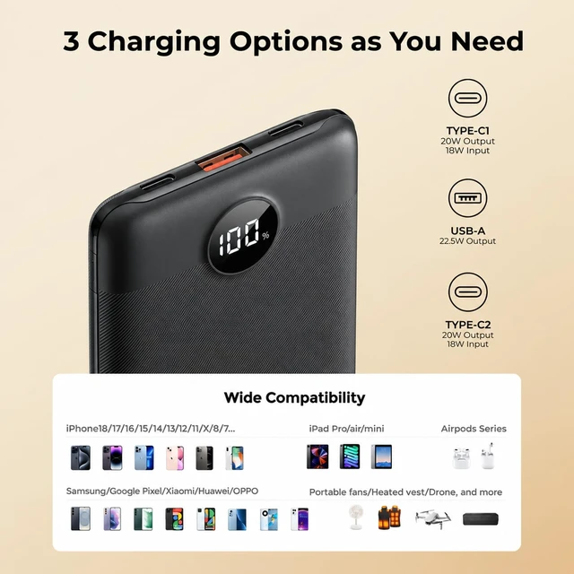 Alt view image 5 of 7 - Small Portable Charger 10000mAh 20W Fast Charging Mini Power Bank, Black | with Clearly LED Display, USB-C Battery Pack, Compact Travel Charger for iPhone 18/17/16/15/14, Android, Travel Essentials