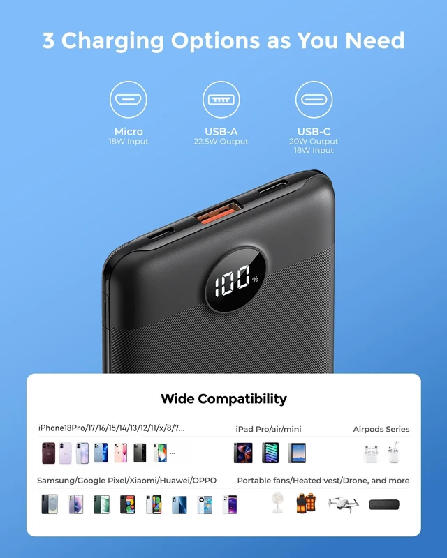 Alt view image 6 of 7 - 10000mAh Mini Power Bank, 22.5W Fast Charger for iPhone Android | Ultra Slim Pocket Size Design, Compatible with Phone, Lightweight Charger for Travel, Commute and Camping