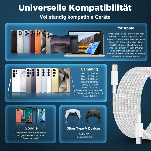 Alt view image 6 of 7 - USB C to USB C Cable 6FT+10FT 2Pack 60W iPhone 17 16 15 Charger Cord Long Type C to C Cable Fast Charging for Apple iPhone 17 16 15/Pro/Pro Max/Plus/iPad Pro Air/MacBook/Air/Mini/Samsung Galaxy
