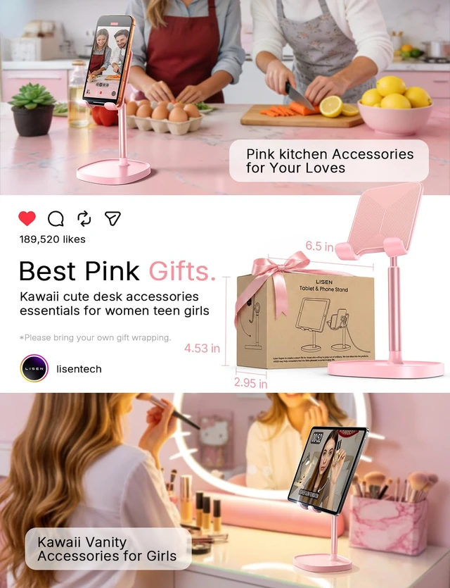 Alt view image 3 of 7 - Cell Phone Stand iPhone Holder for Desk, Pink Gifts for Women Girls | iPhone Duo Stand Desk Accessories for Women Office Cute, Vanity Decor Pink Gifts Girls, Kawaii Bathroom Dorm Room Essentials