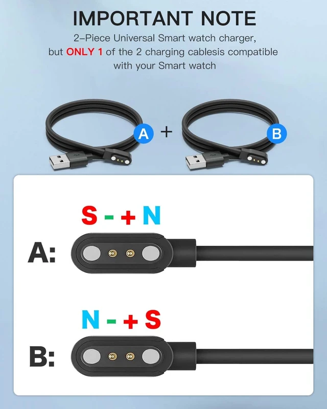 Alt view image 2 of 7 - 2 Pack Universal Smart Watch Charger Magnetic,Cable Contact 2 pin spacing 2.8mm,High Speed Safe Replacement USB Charger Cord,The magnets magnetism of the two cables is reversed,Model A + Model B
