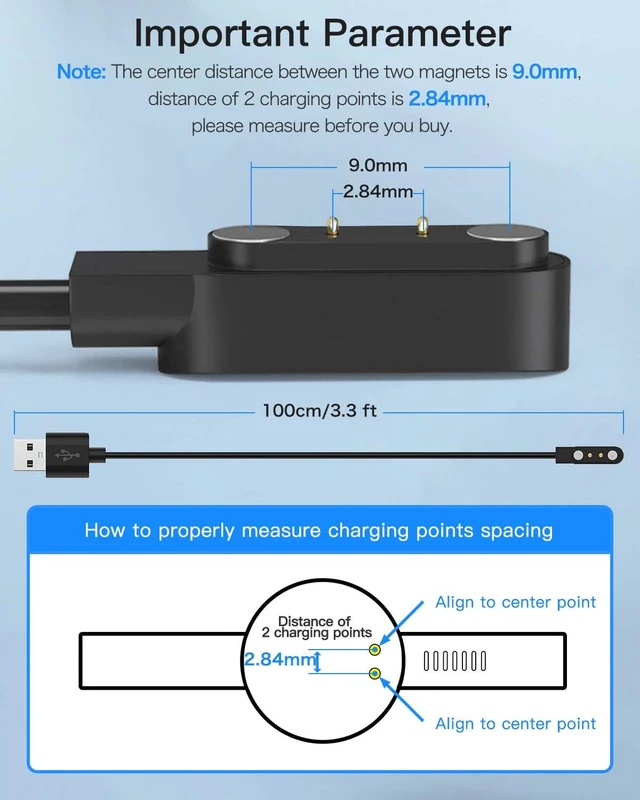 Alt view image 3 of 7 - 2 Pack Universal Smart Watch Charger Magnetic,Cable Contact 2 pin spacing 2.8mm,High Speed Safe Replacement USB Charger Cord,The magnets magnetism of the two cables is reversed,Model A + Model B