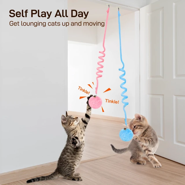 Alt view image 2 of 6 - Hanging Fluffy Cat Catnip Ball Toys 3 Pcs with Bell, Interactive Cat Teaser Retractable Toys Indoor Kitten Play Chase Exercise Physical Stimulation