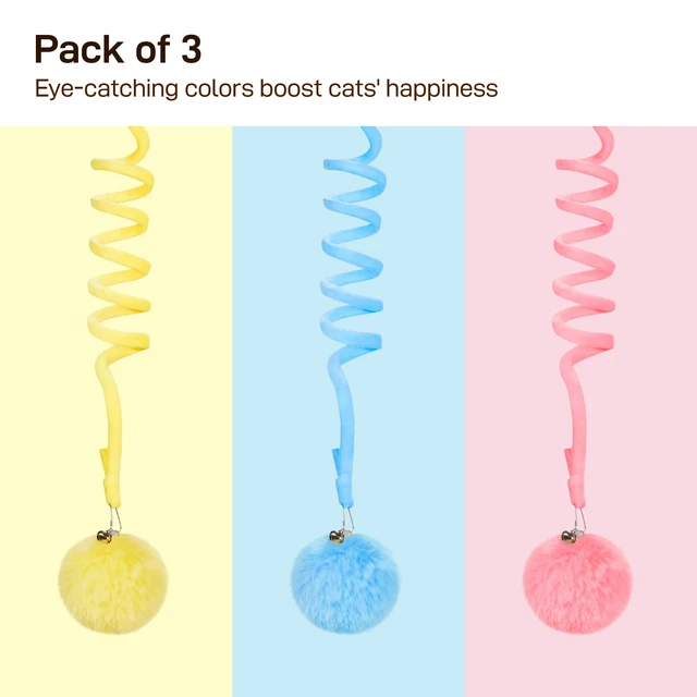 Alt view image 6 of 6 - Hanging Fluffy Cat Catnip Ball Toys 3 Pcs with Bell, Interactive Cat Teaser Retractable Toys Indoor Kitten Play Chase Exercise Physical Stimulation