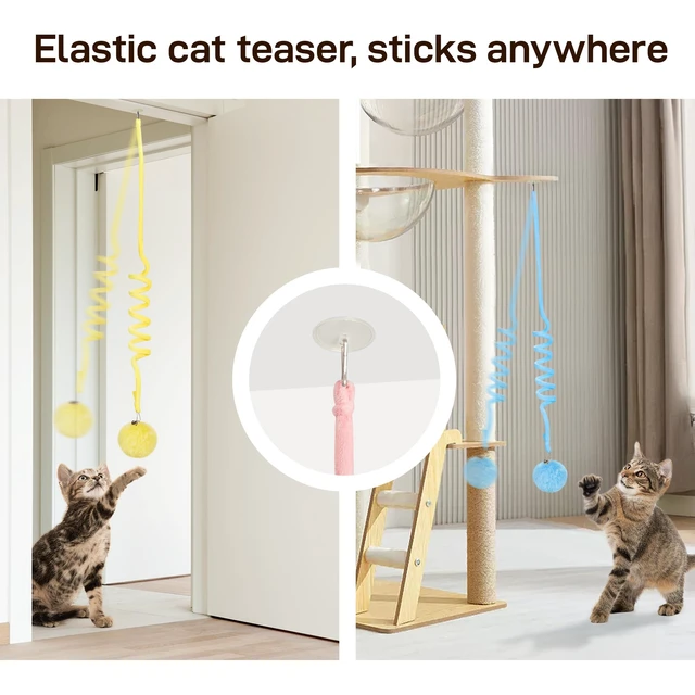 Alt view image 5 of 6 - Hanging Fluffy Cat Catnip Ball Toys 3 Pcs with Bell, Interactive Cat Teaser Retractable Toys Indoor Kitten Play Chase Exercise Physical Stimulation