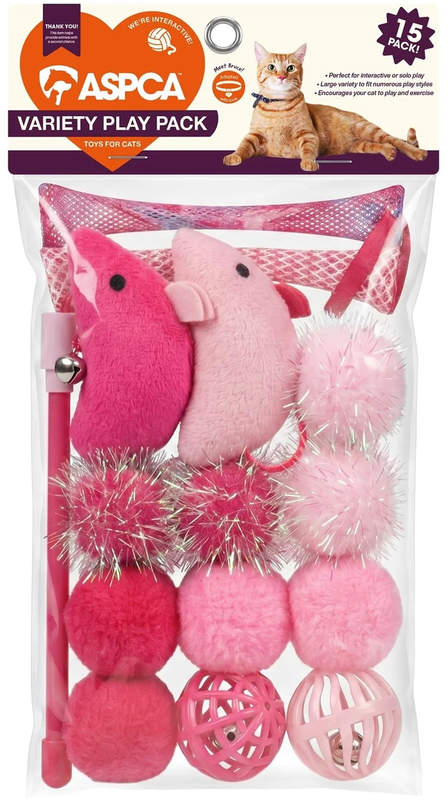 Main image of 15-Piece Cat Toy Variety Pack Interactive Kitten & Cat Toys Set with Multiple Textures Indoor Play Toys for Exercise, Enrichment & Boredom Relief, Pink