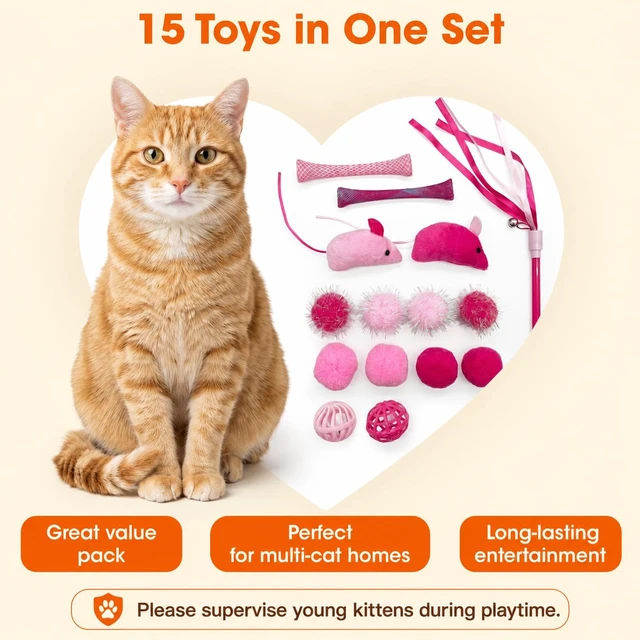 Alt view image 3 of 5 - 15-Piece Cat Toy Variety Pack Interactive Kitten & Cat Toys Set with Multiple Textures Indoor Play Toys for Exercise, Enrichment & Boredom Relief, Pink